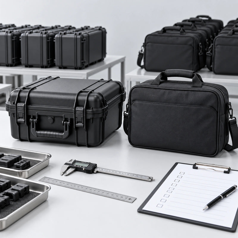 AeroFocus black protective case and carry bag presented in a quality control inspection scene.