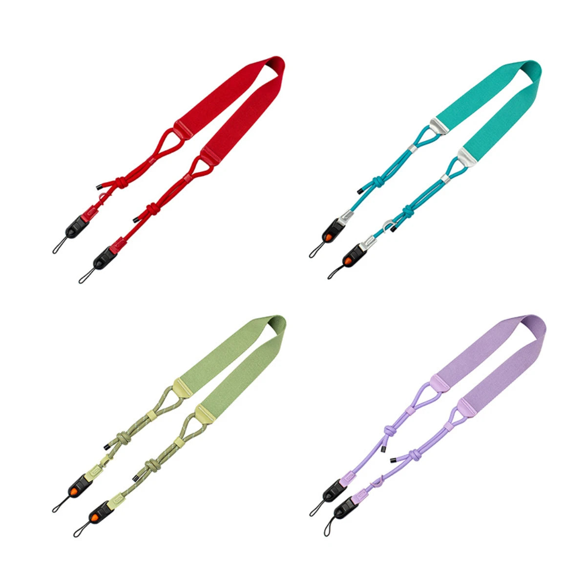 Red blue green and purple camera neck straps with quick release buckles