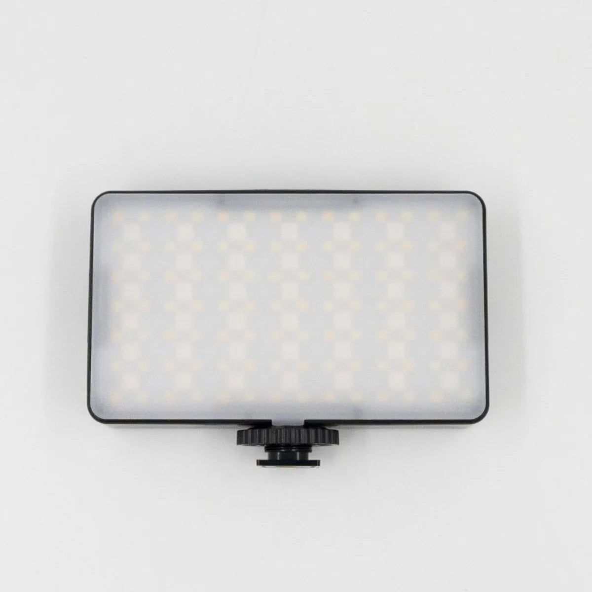 Front view of rectangular LED camera fill light with compact portable design