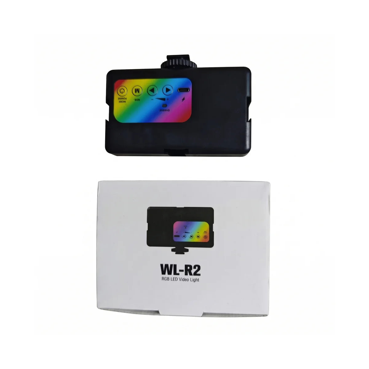 Retail packaging of rectangular RGB LED fill light for photography and content creation