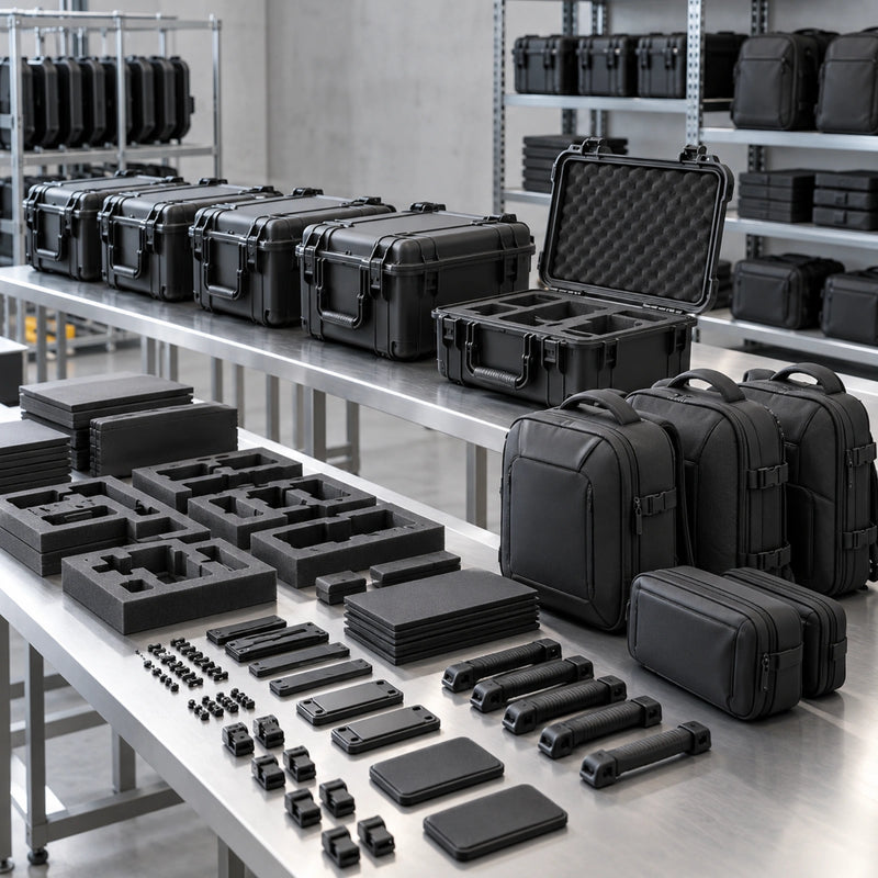 AeroFocus protective cases, carrying bags and backpacks shown in a scalable production and assembly setting.