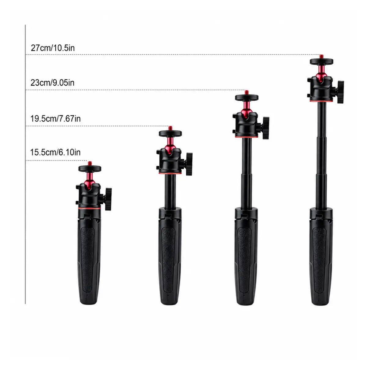AeroFocus three-section telescopic tripod shown at 15.5, 19.5, 23 and 27 cm lengths