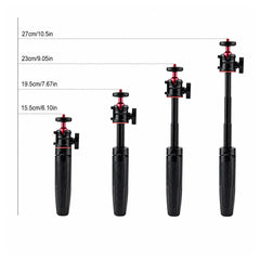 AeroFocus three-section telescopic tripod shown at 15.5, 19.5, 23 and 27 cm lengths
