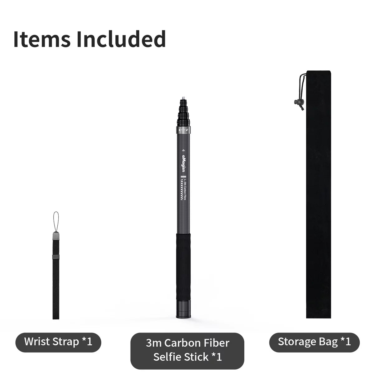 Package includes 3m carbon fiber selfie stick, wrist strap, and storage bag.