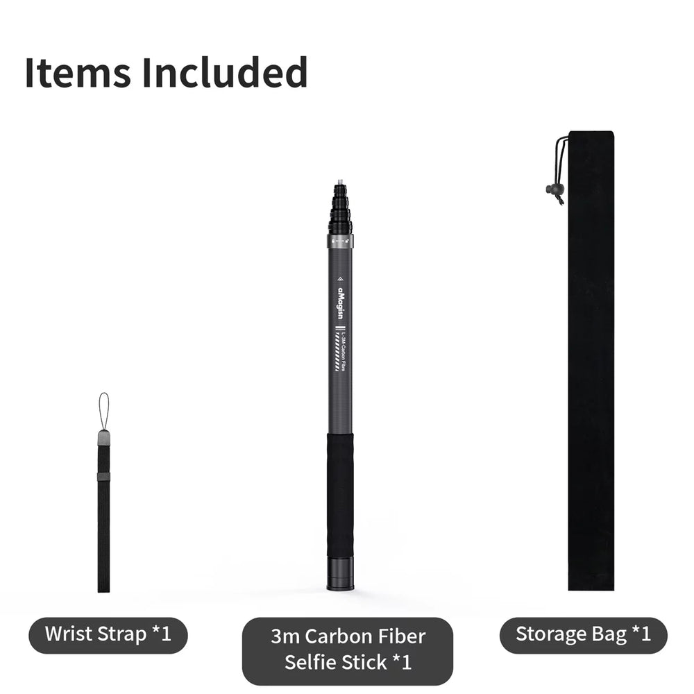 Package includes 3m carbon fiber selfie stick, wrist strap, and storage bag.
