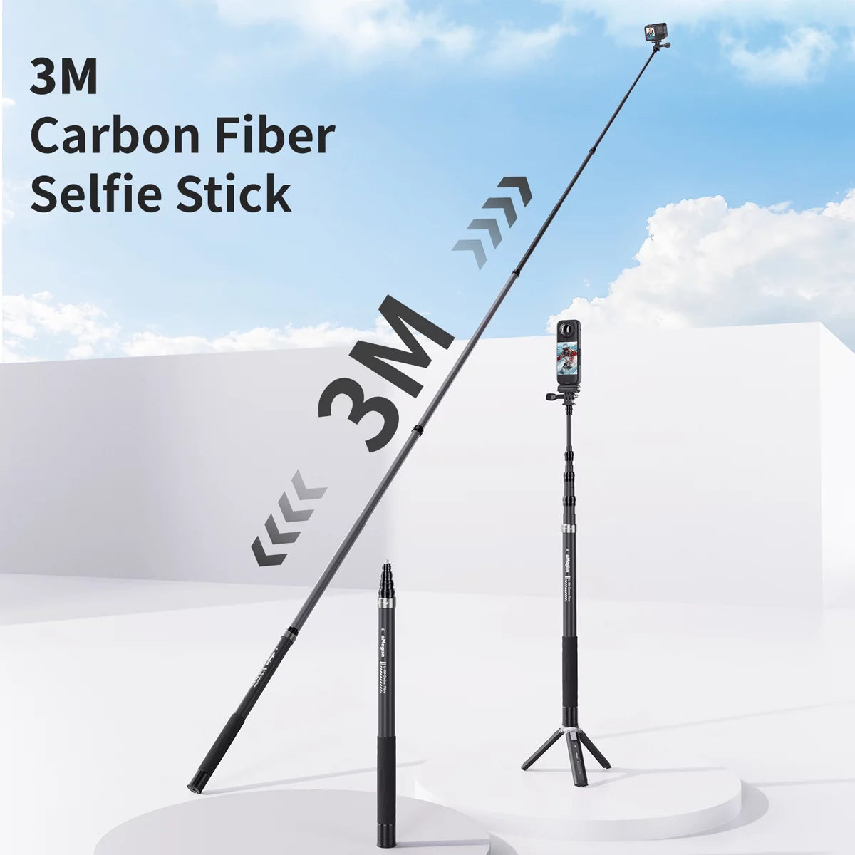 aMagisn 3m extension stick with wrist strap and tripod compatibility for aerial shots.