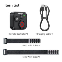 Item list: Remote controller, charging cable, and two sizes of wrist straps.