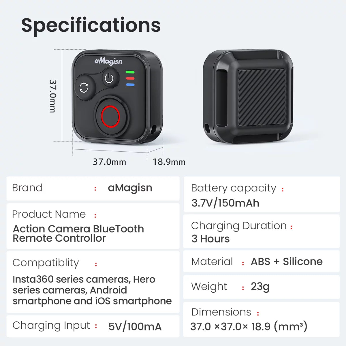 Product specifications and dimensions for aMagisn smart remote.