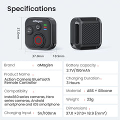 Product specifications and dimensions for aMagisn smart remote.