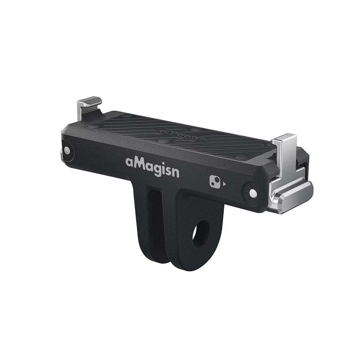 Sleek Black aMagisn magnetic quick release mount for Insta360 GO Ultra featuring a secure dual-claw locking mechanism.