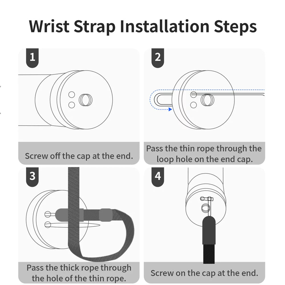 Step-by-step instructions for installing the wrist strap on the aMagisn selfie stick.