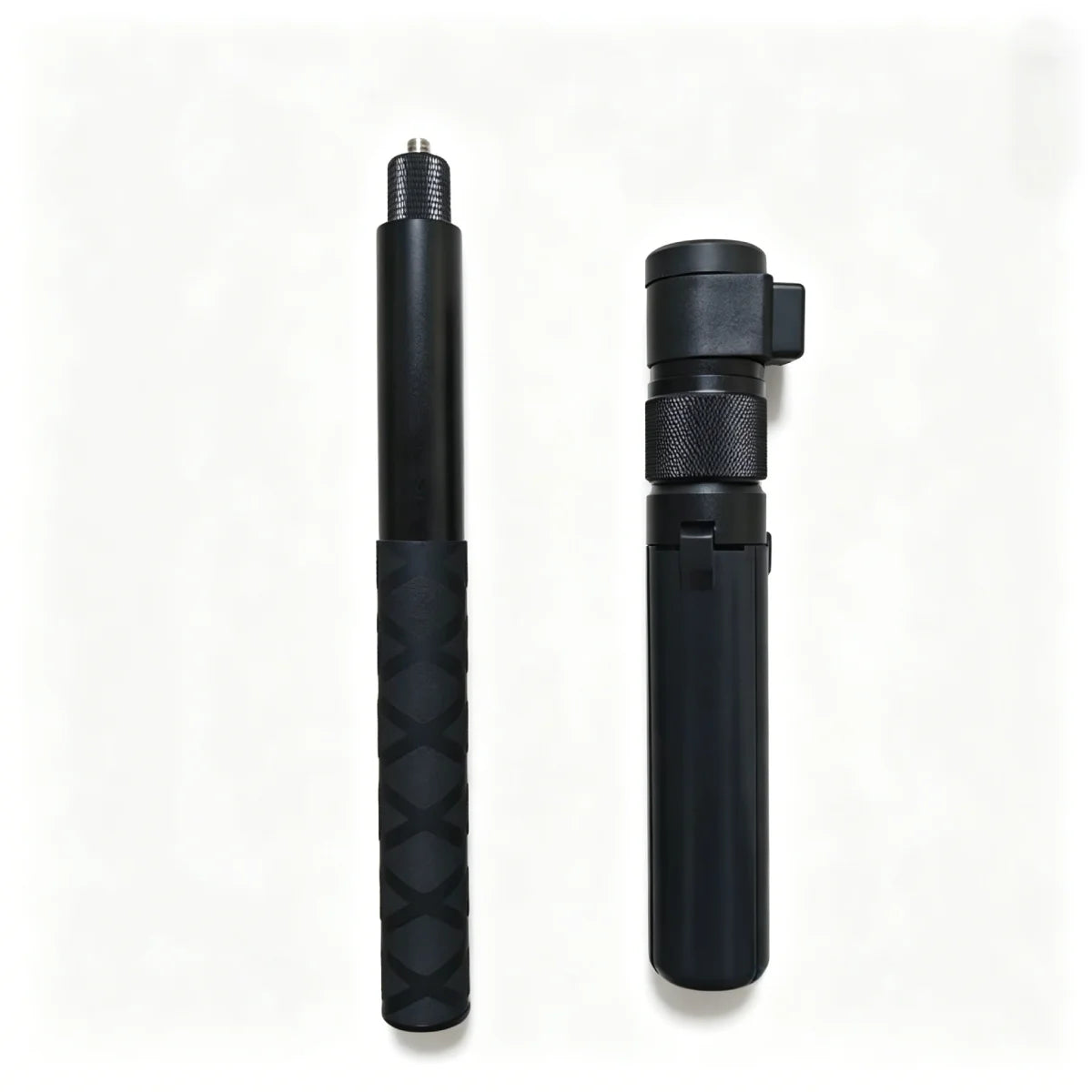 Package contents including 5-level extendable selfie stick and rotating tripod.