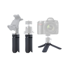 Universal 1/4 screw tripod holding a smartphone clamp and mirrorless camera.