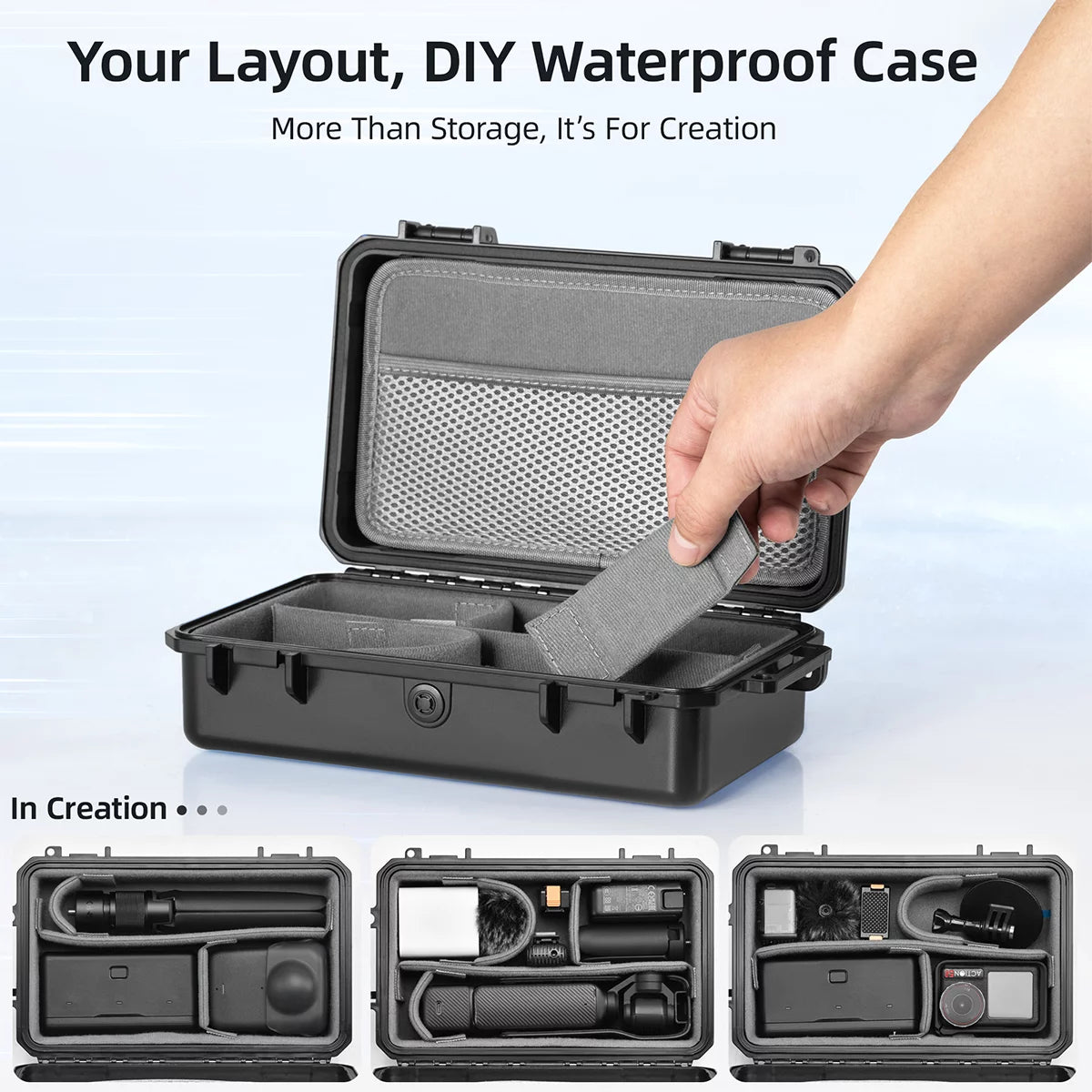 Customizable internal layout with adjustable Velcro dividers for different camera sets.
