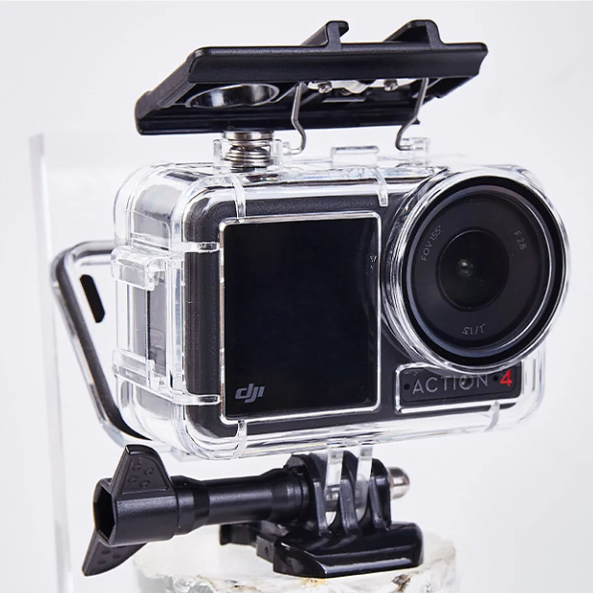 Close-up of the secure locking buckle for DJI Action 5 Pro diving housing.