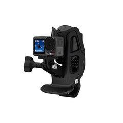 DJI Action 5 Pro camera installed on a motorcycle helmet using the STARTRC clamp.