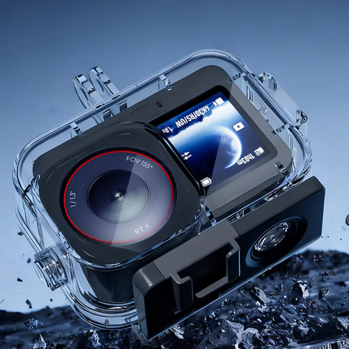 High-impact resistant PC shell of DJI Action 6 case protecting against drops.