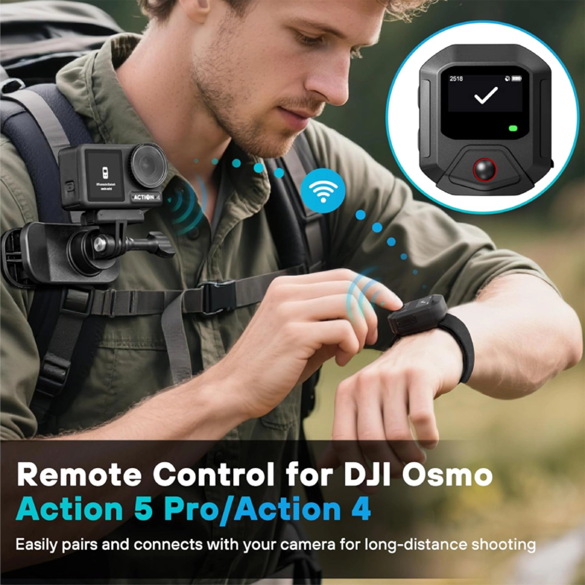 Wearable GPS remote with adjustable wrist strap for DJI Action sports cameras.