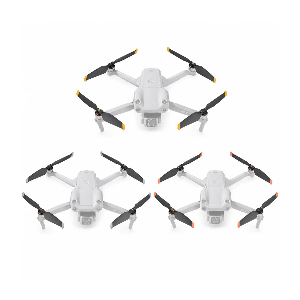 DJI AIR 2S drone with black gold silver and orange edge propellers installed