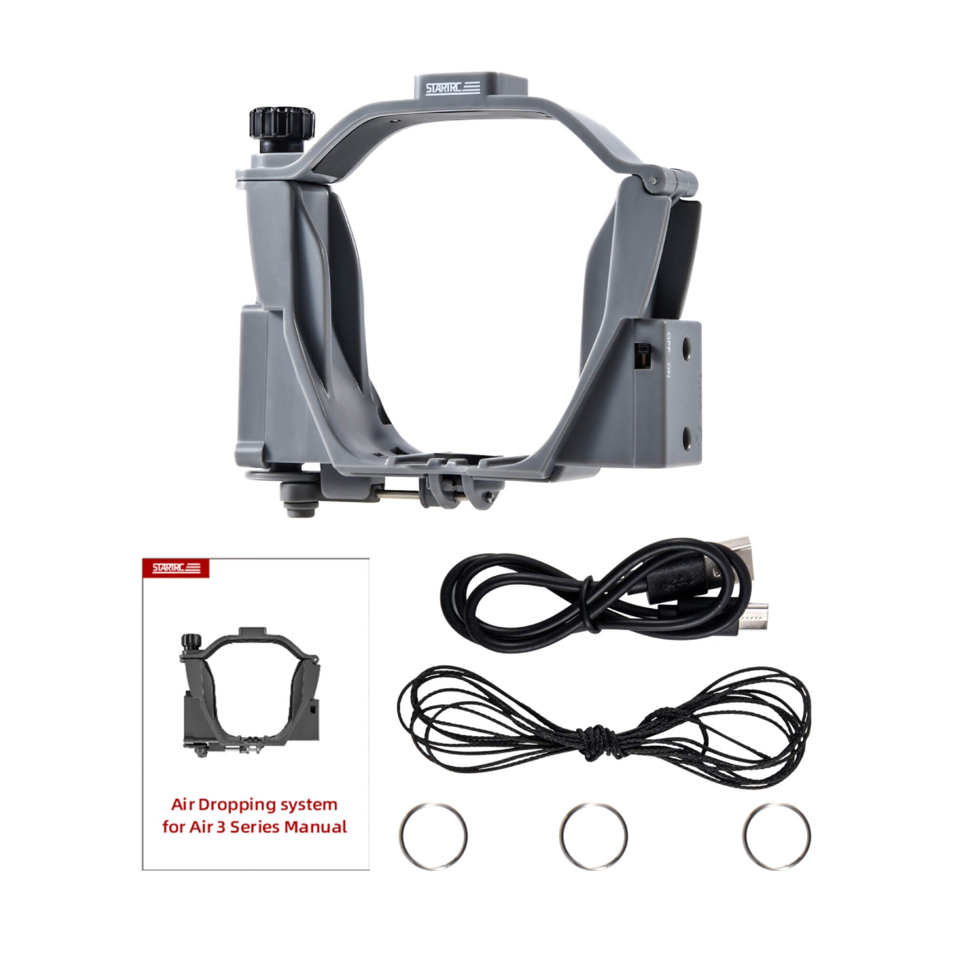 Package contents of STARTRC drone payload release for DJI Air 3 and Air 3S