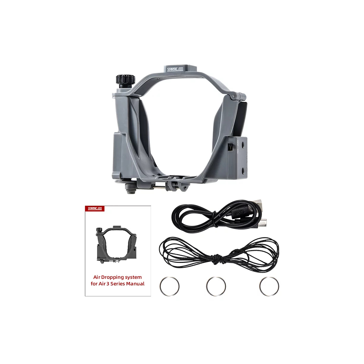 Package contents of the DJI Air 3S drone dropper kit including cables and rings.
