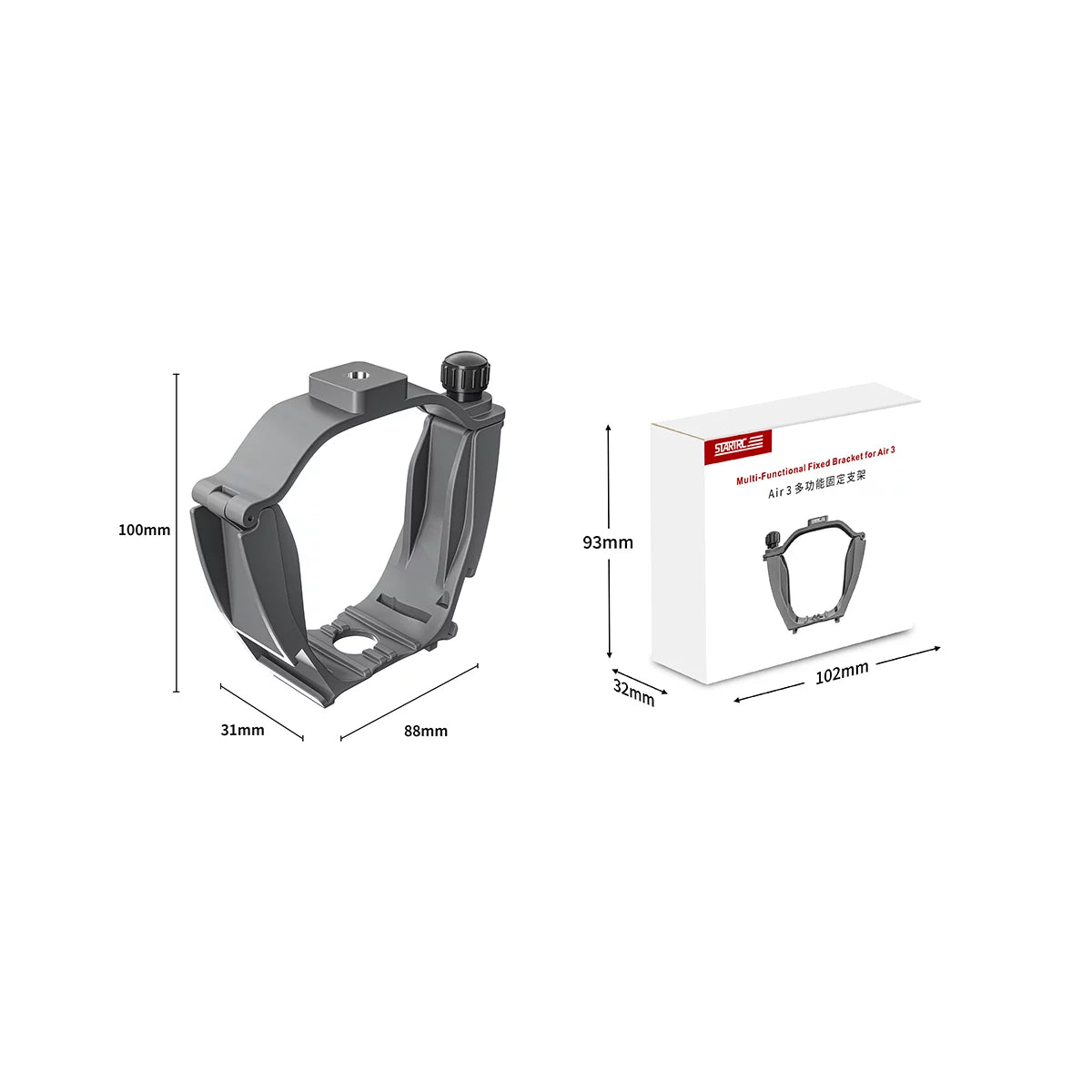 Dimensions and color box packaging for DJI Air 3/3S action camera adapter.