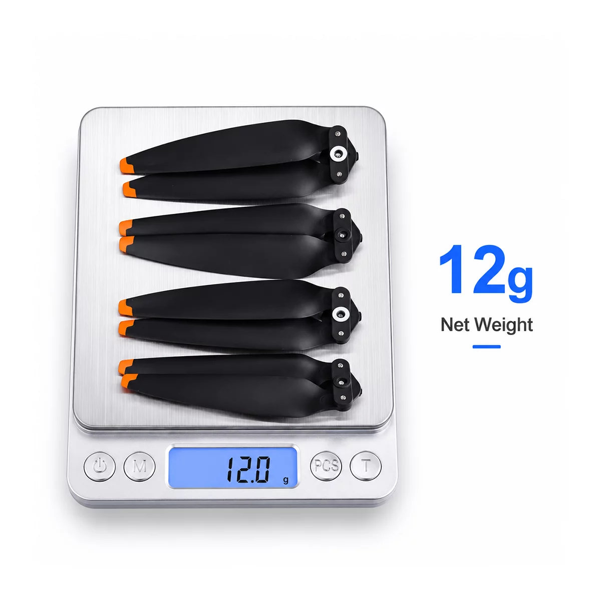 DJI AIR 3S propellers displayed on scale showing net weight 12g
