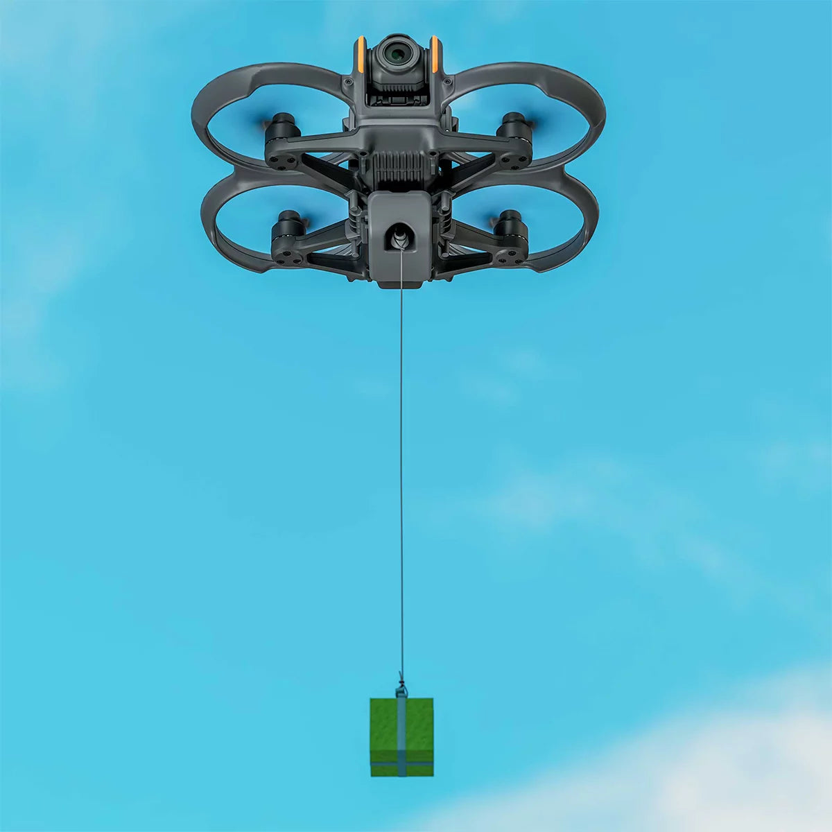 DJI Avata 2 delivering a gift box using the aerial payload drop system.