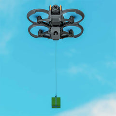 DJI Avata 2 delivering a gift box using the aerial payload drop system.