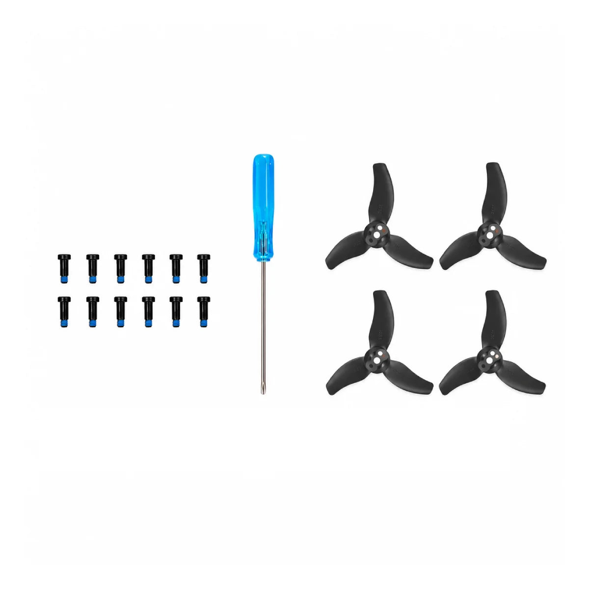 DJI AVATA 2 propellers package contents showing 4 blades, screws and screwdriver