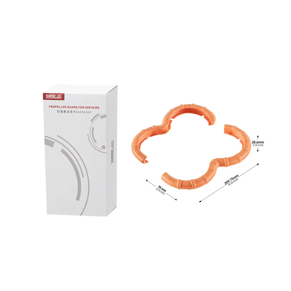Dimensions and color box packaging for the DJI Avata 360 protector.