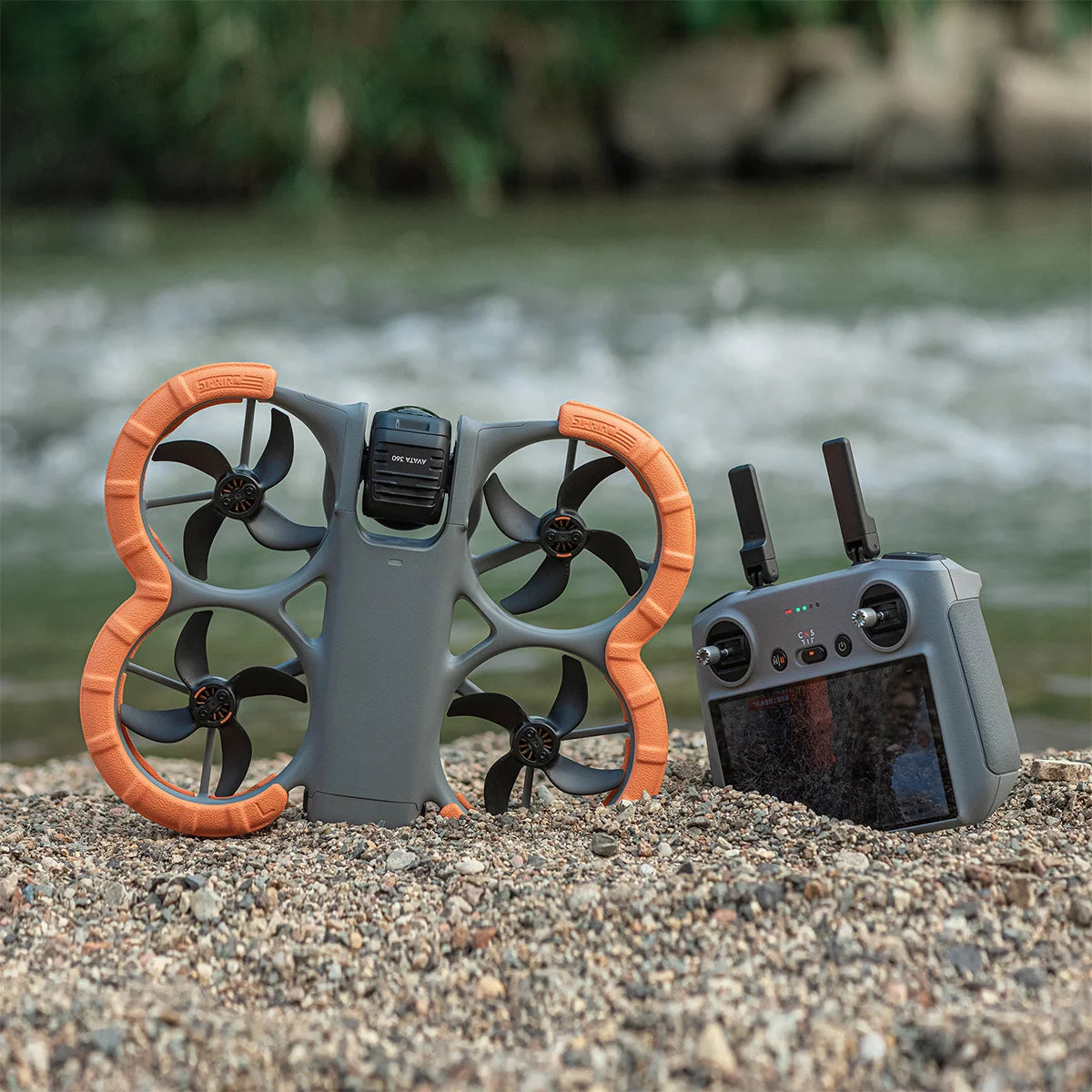 DJI Avata 360 drone with the high visibility orange bumper installed.