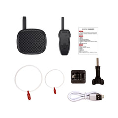 Product package contents including drone speaker, walkie-talkie, and mounting strap.
