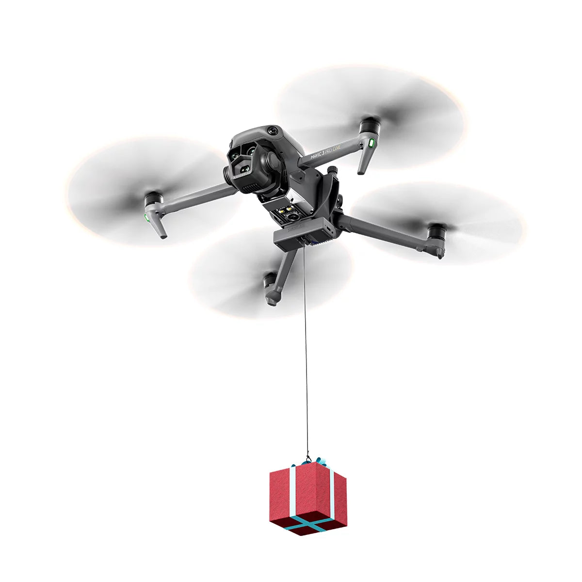 DJI Mavic 3 payload release system carrying a small gift for aerial delivery