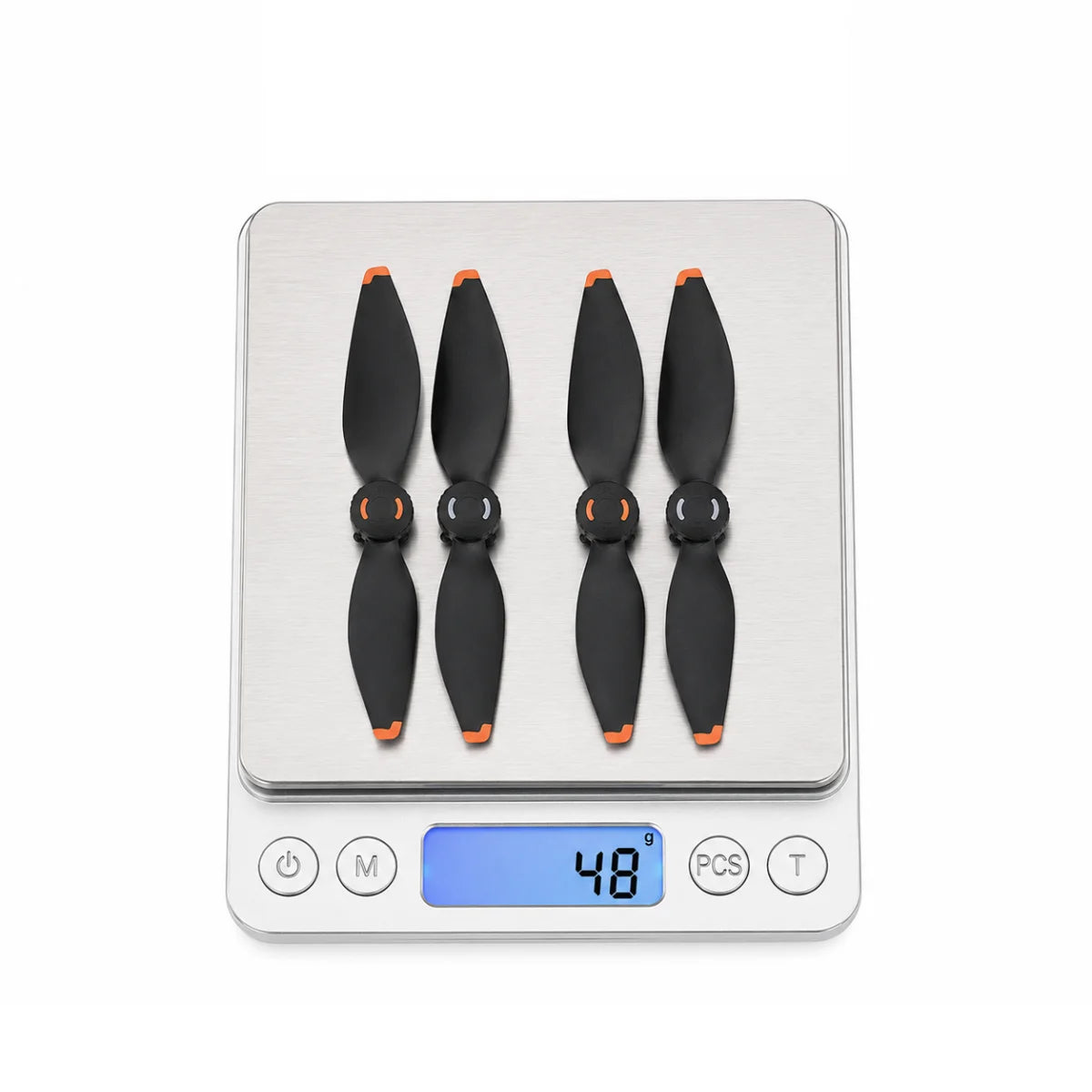 DJI Mavic 4 Pro propellers displayed on scale showing net weight 48g