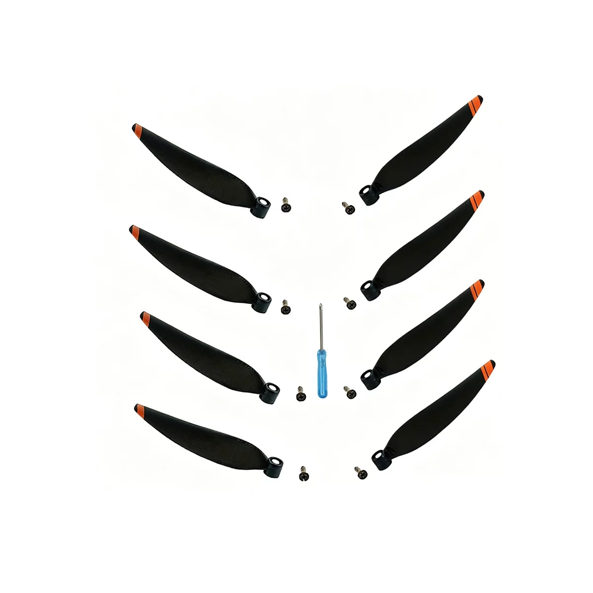 DJI Mini 2 propeller package contents including 8 blades, 12 screws, and 1 screwdriver