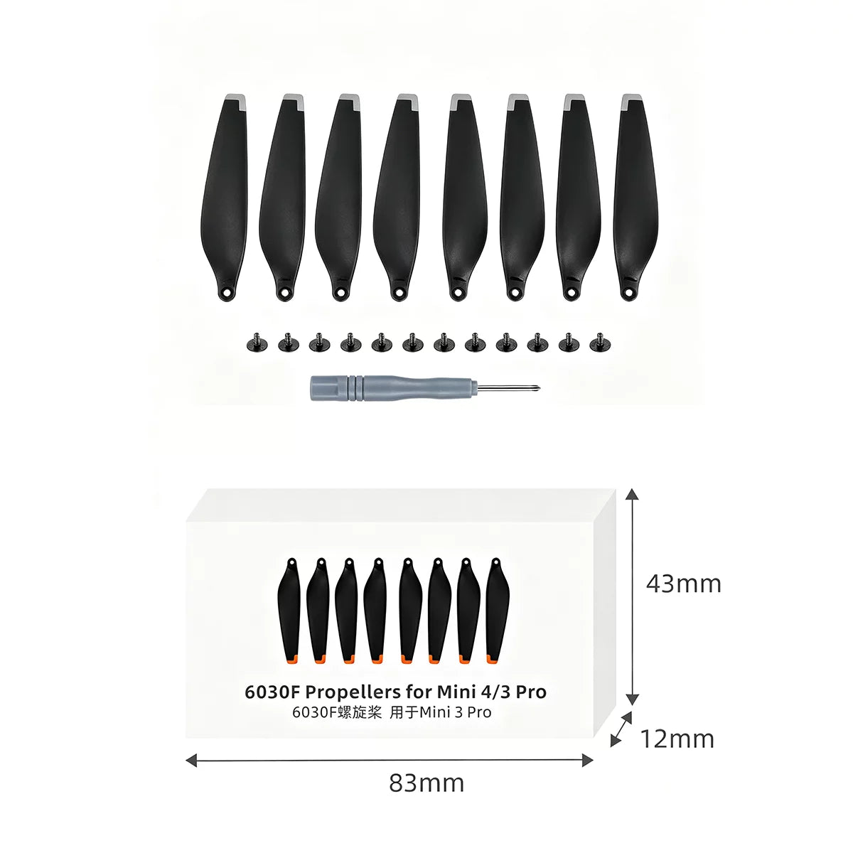 Package list: 8 propellers, 12 screws, and 1 screwdriver for DJI Mini 3/4 Pro.