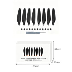 Package list: 8 propellers, 12 screws, and 1 screwdriver for DJI Mini 3/4 Pro.