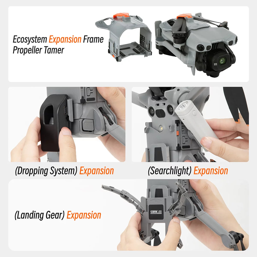 DJI Mini 5 Pro accessory ecosystem: Searchlight, Airdrop system, and Landing gear.