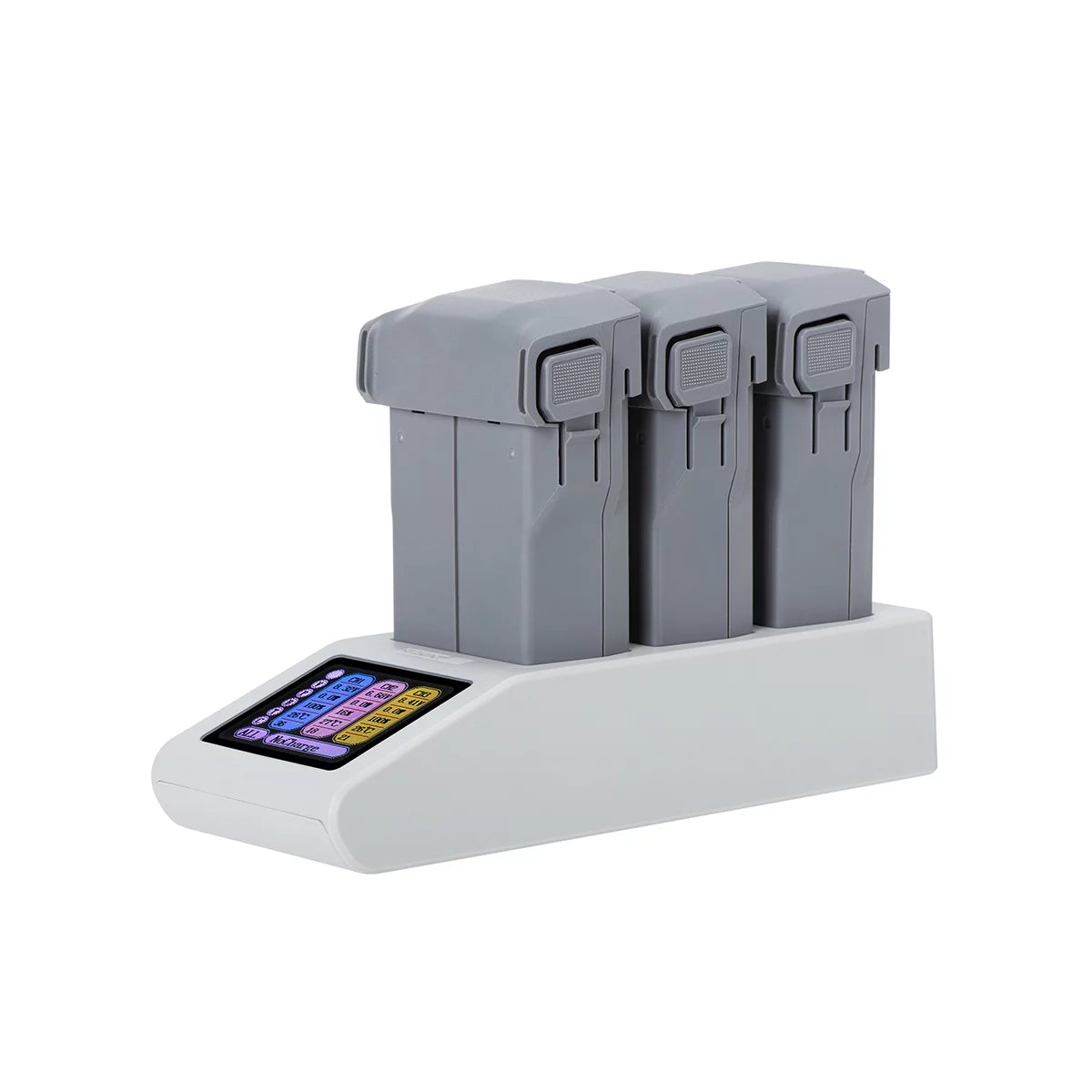 Three DJI Mini 5 Pro batteries inserted into the STARTRC sequential charging hub.