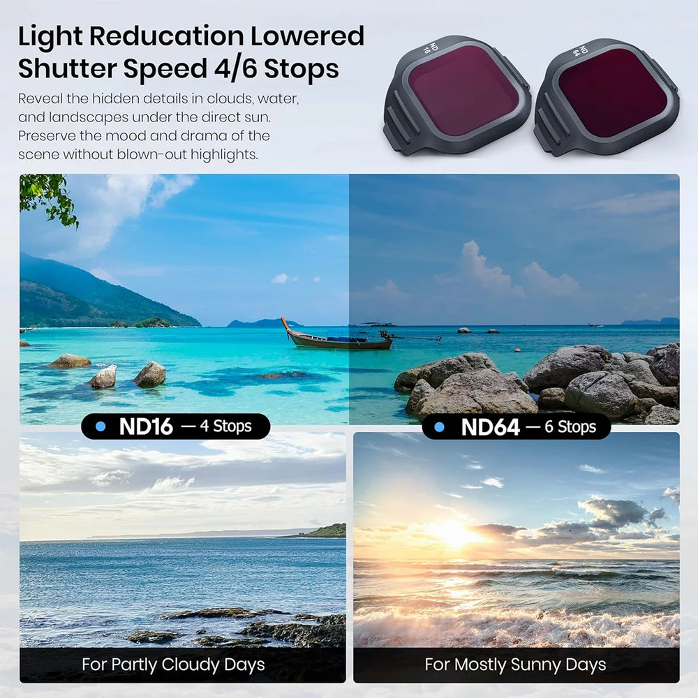Before and after visual comparison using ND and CPL filters on DJI Mini 5 Pro.