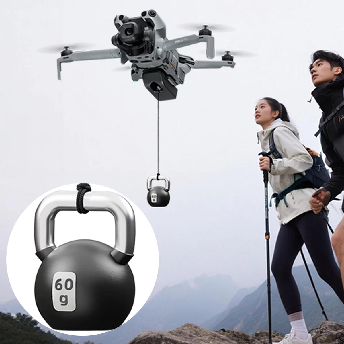 Usage scenarios for DJI Mini 5 Pro airdrop: gifts, fishing bait, and rescue kits.