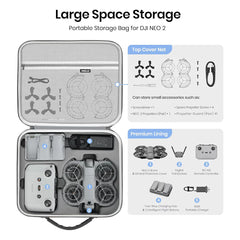 Internal layout of DJI Neo 2 case with drone, RC-N3, and batteries.