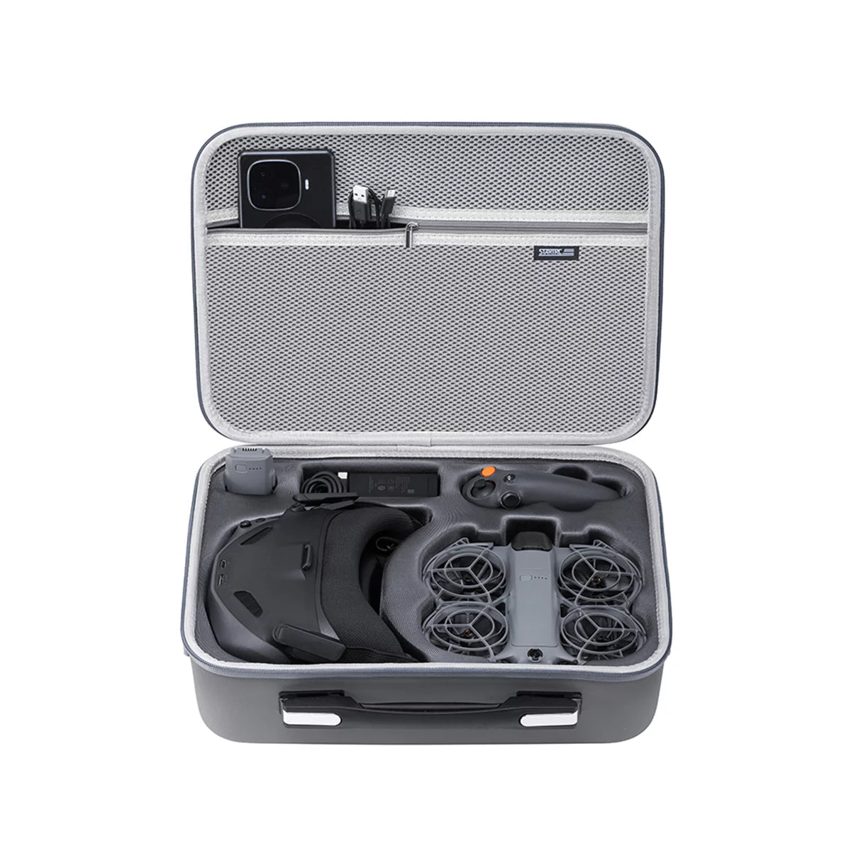 Internal layout of DJI Neo 2 case with Goggles N3, Motion 3, and batteries.