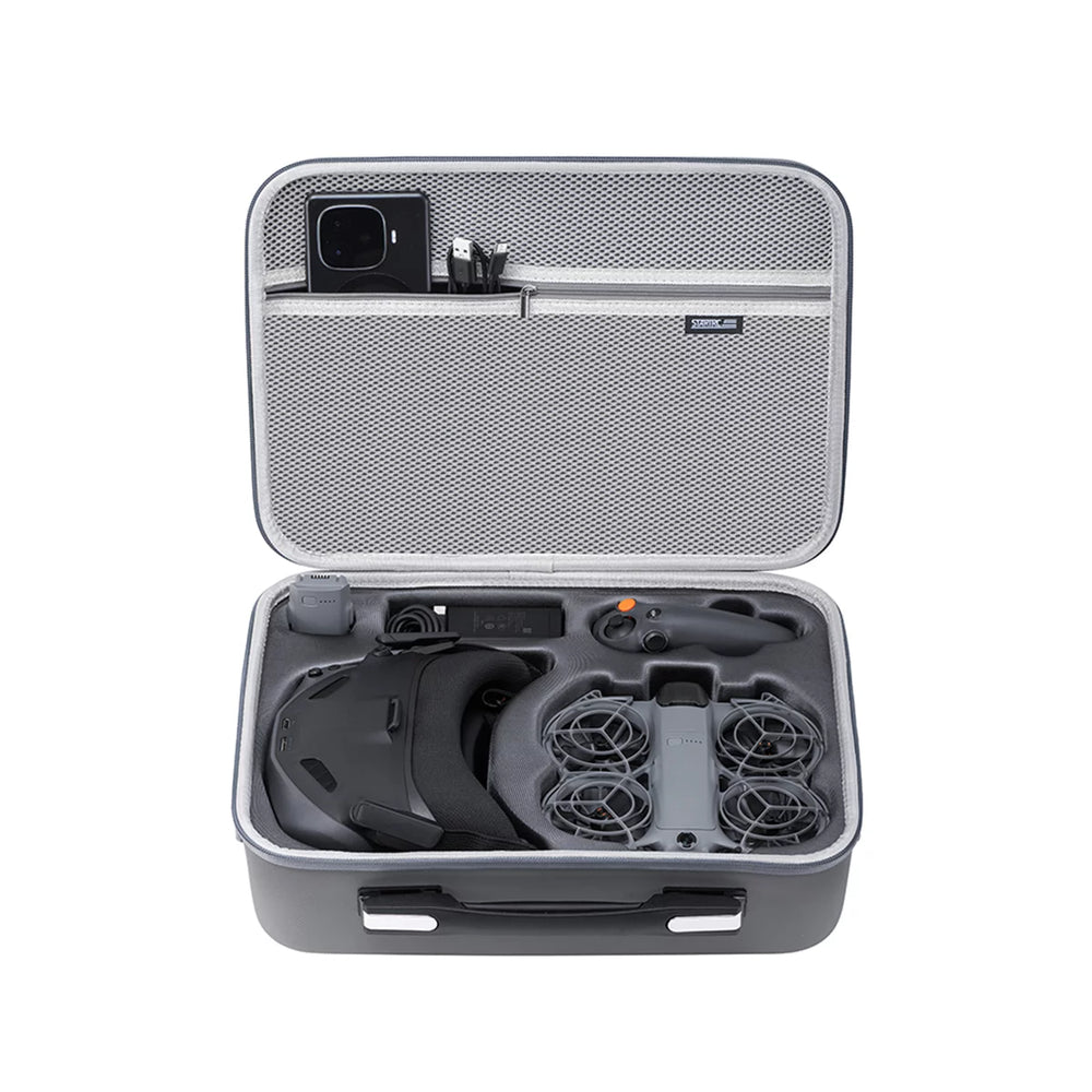 Internal layout of DJI Neo 2 case with Goggles N3, Motion 3, and batteries.