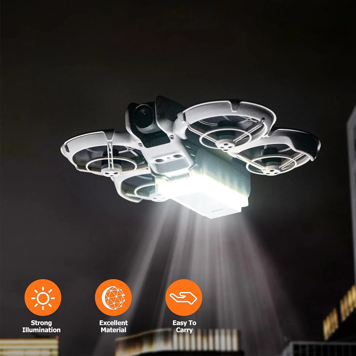 High-intensity LED lighting effect for DJI Neo night flight missions.