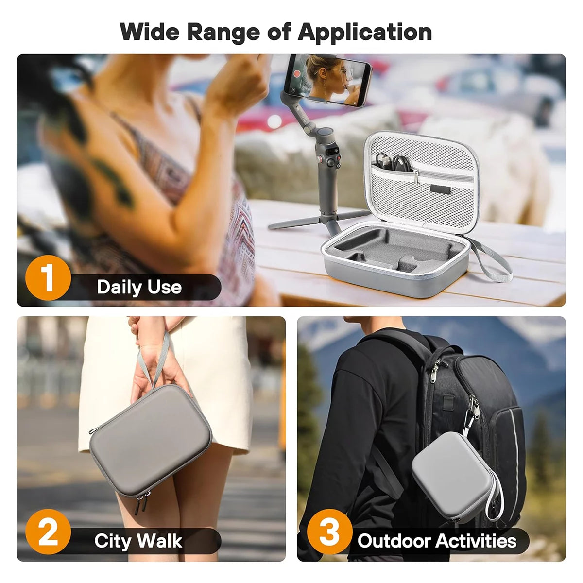 Lifestyle scenarios of DJI OM 7P storage bag on wrist and backpack.