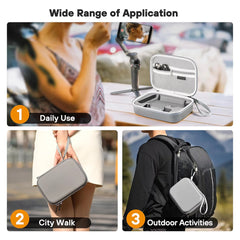 Lifestyle scenarios of DJI OM 7P storage bag on wrist and backpack.