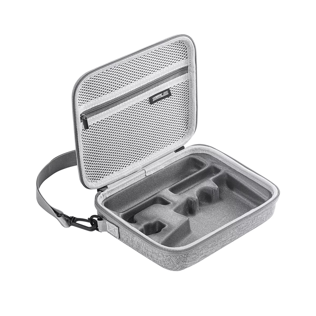 Empty interior of DJI OM 8 nylon travel case showing precision-cut foam.