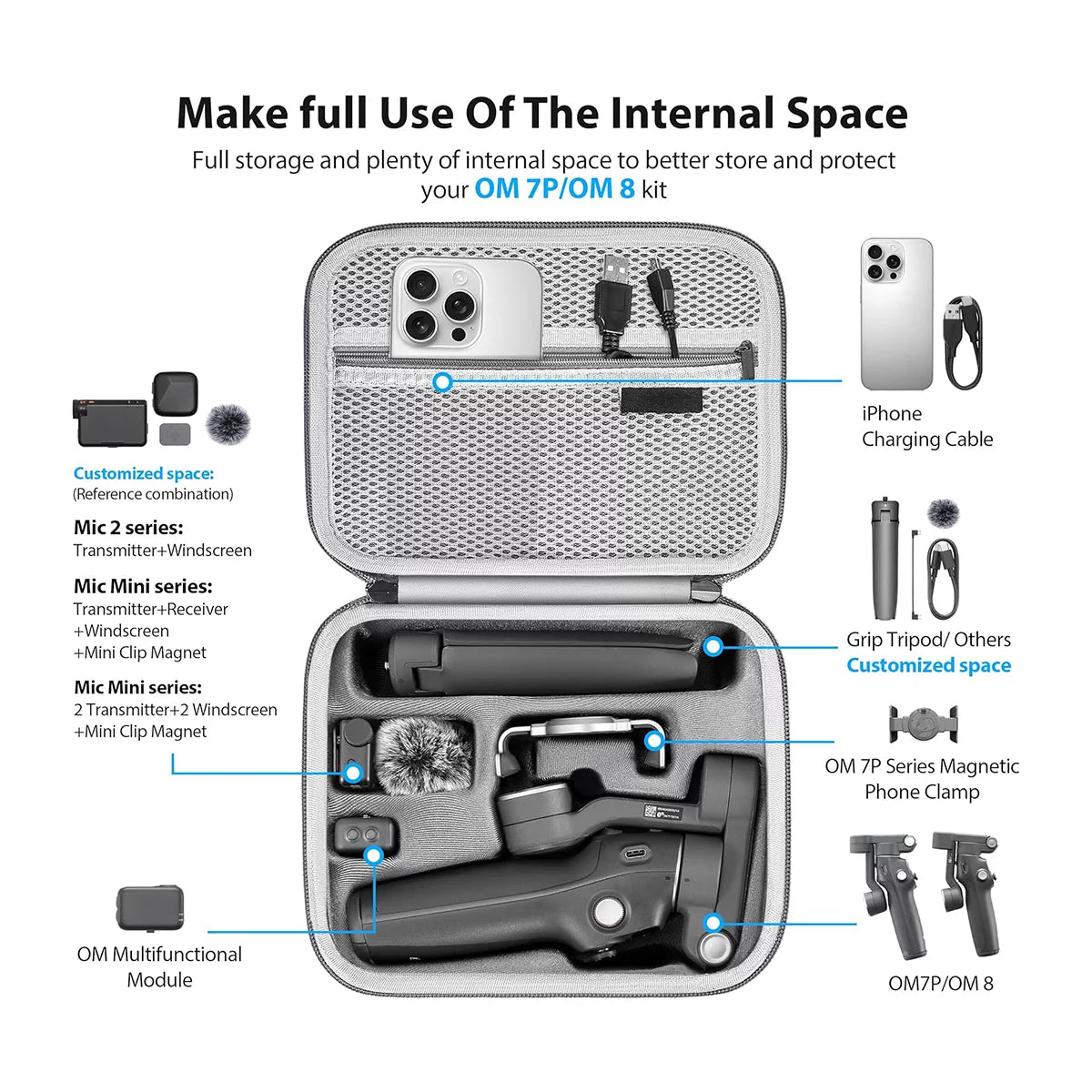 DJI OM 8 stored with tripod, mic, and accessories inside the combo case.